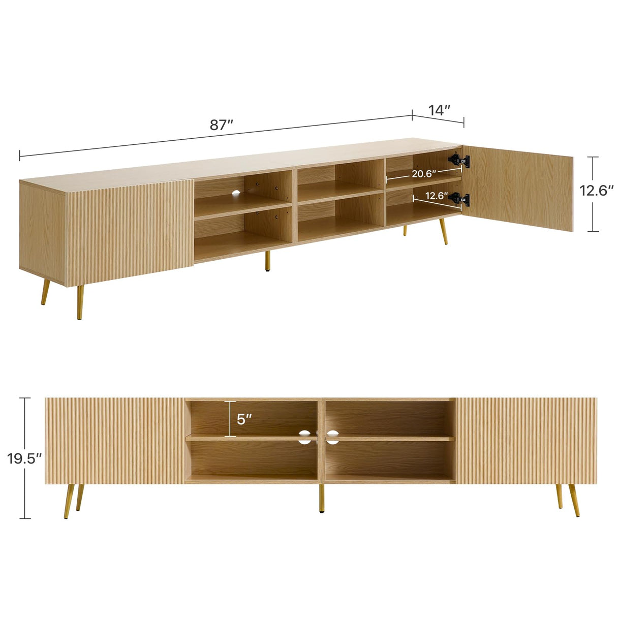 86 Inch TV Stand with Fluted Design and Adjustable Shelves