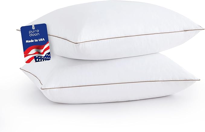 Goose Feathers Down Pillows Queen Size Set of 2 - Made in USA Soft Fluffy Hotel Pillow