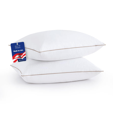 Goose Feathers Down Pillows Standard Size Set of 2 - Made in USA Soft Fluffy Hotel Pillow, 100% Cotton Cover, Luxury Medium Firm Bed Pillows for Back, Stomach or Side Sleeper.