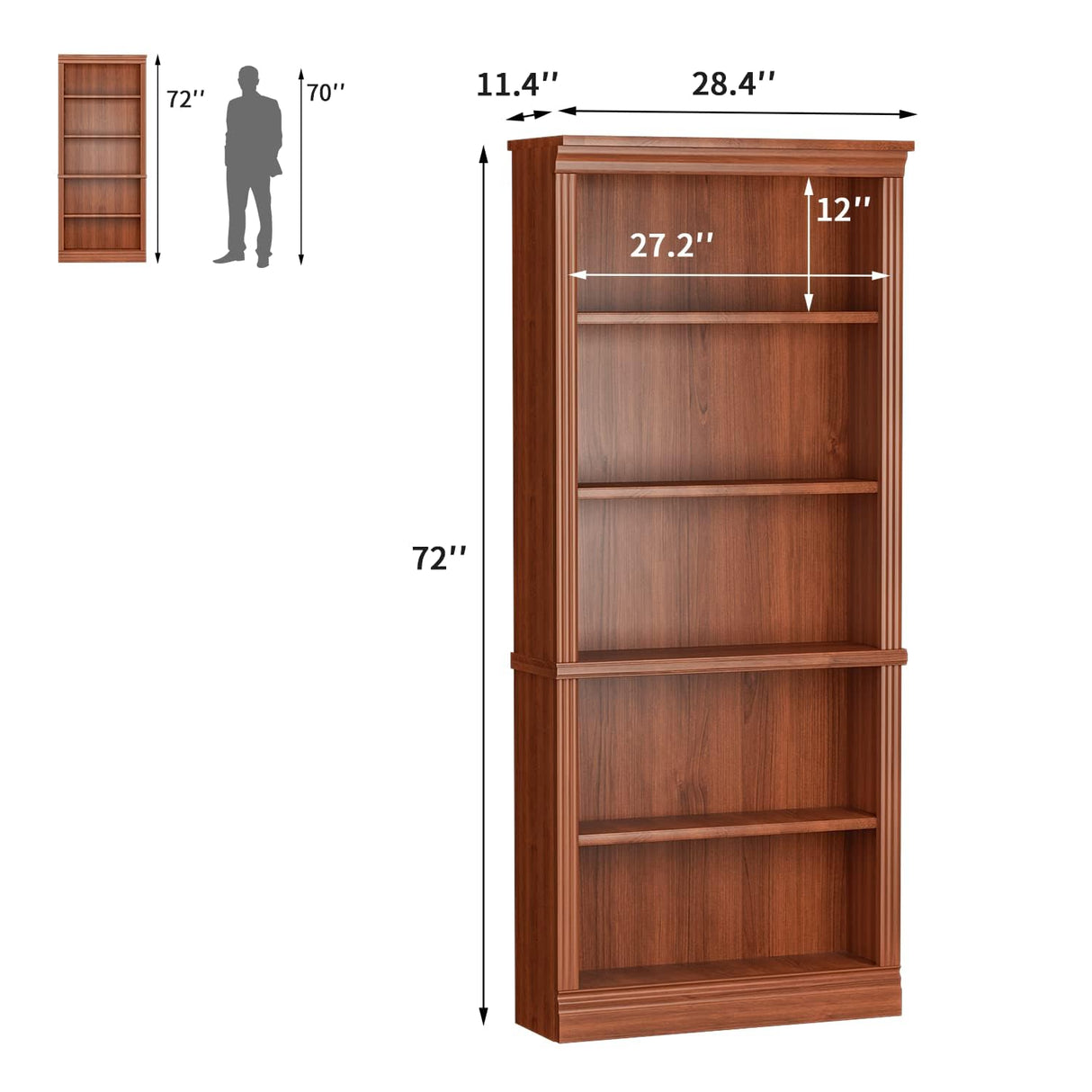 Bookcase Bookshelves, 5-Shelf Tall Bookcase 72" Wood Open Display Floor Bookshelf, Large Storage Organizer for Library, Bedroom, Living Room (Cherry)