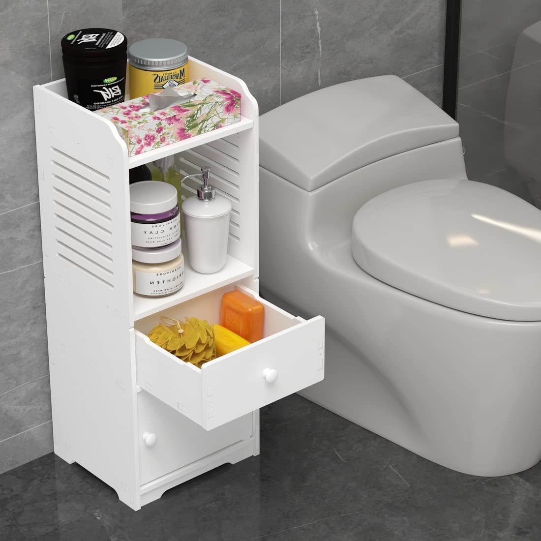 Storage Cabinet, Small Floor Bathroom Organizer Free Standing, Side Toilet Cabinet with Drawer and Door,