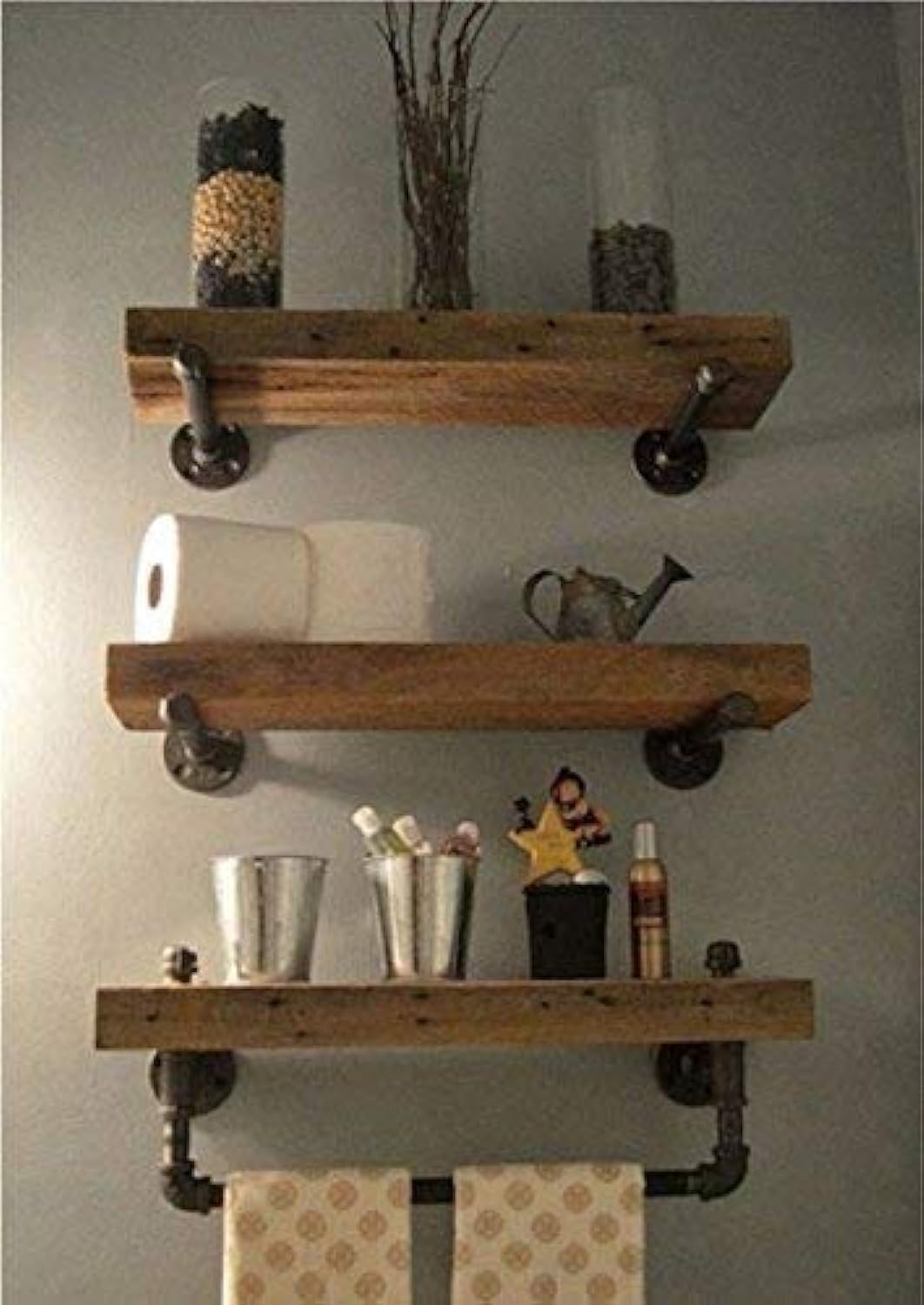 Industrial Pipe Shelving Shelves Bookcase Rustic Wood Metal Wall Mounted Towel Bar