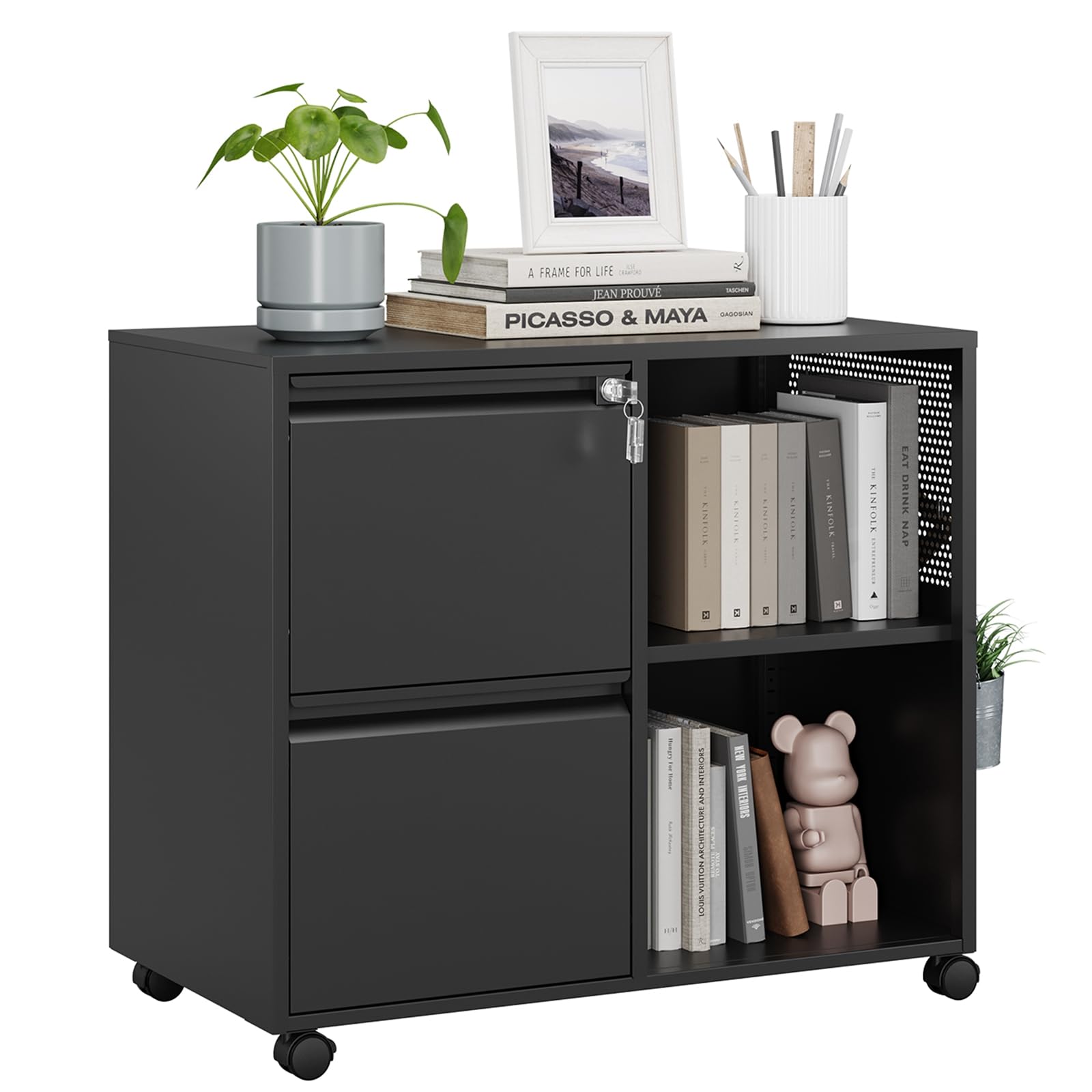 2 Drawer File Cabinet on Wheels, Metal Filing Cabinets with Storage Shelves