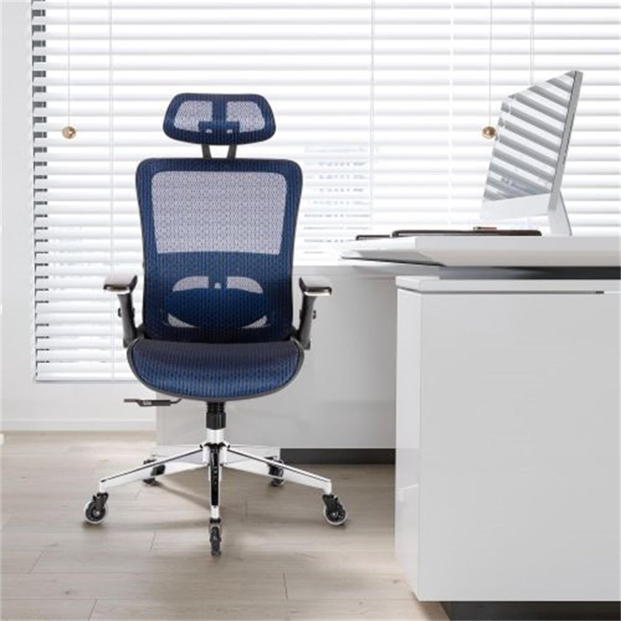 Blue Ergonomic Mesh Office Chair, High Back - Adjustable Headrest with Flip-Up Arms,