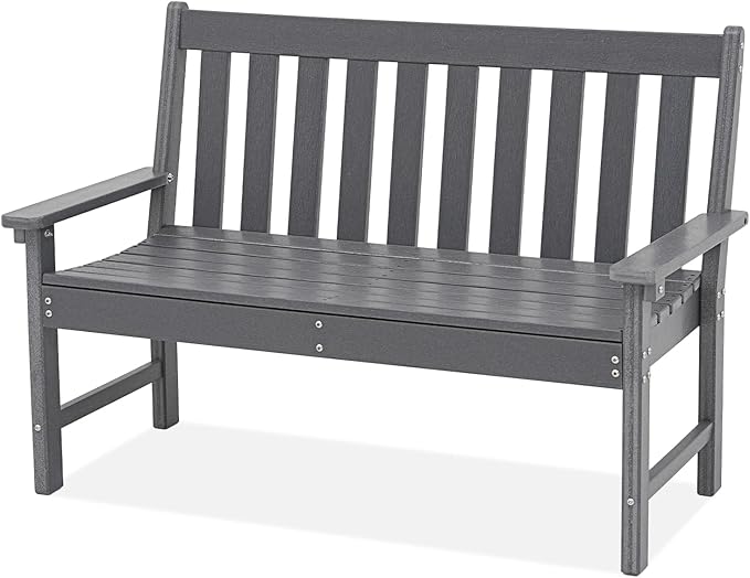 Outdoor Garden Bench, All Weather HDPE Patio Porch Bench with Faux Wood Grain Pattern