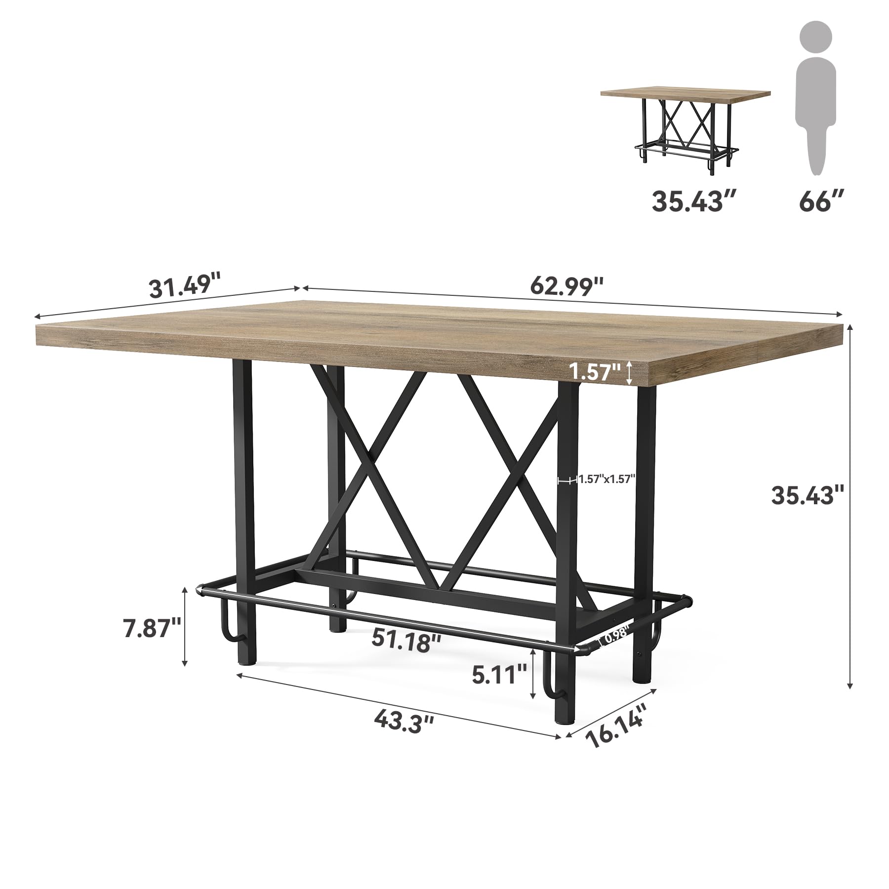 63-Inch Industrial Bar Table with Metal Footrest - Counter Height Pub Table