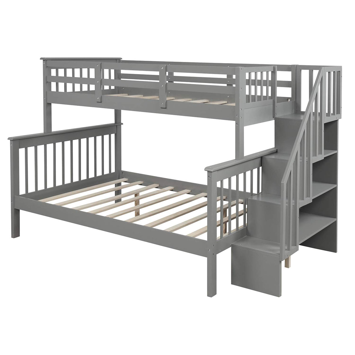 Bunk Bed with Staircase, Twin Over Full Bunk Bed with Storage, Bunk Bed Frames with Stairs, Convertible Bunk Beds for Teens, Kids(Grey)