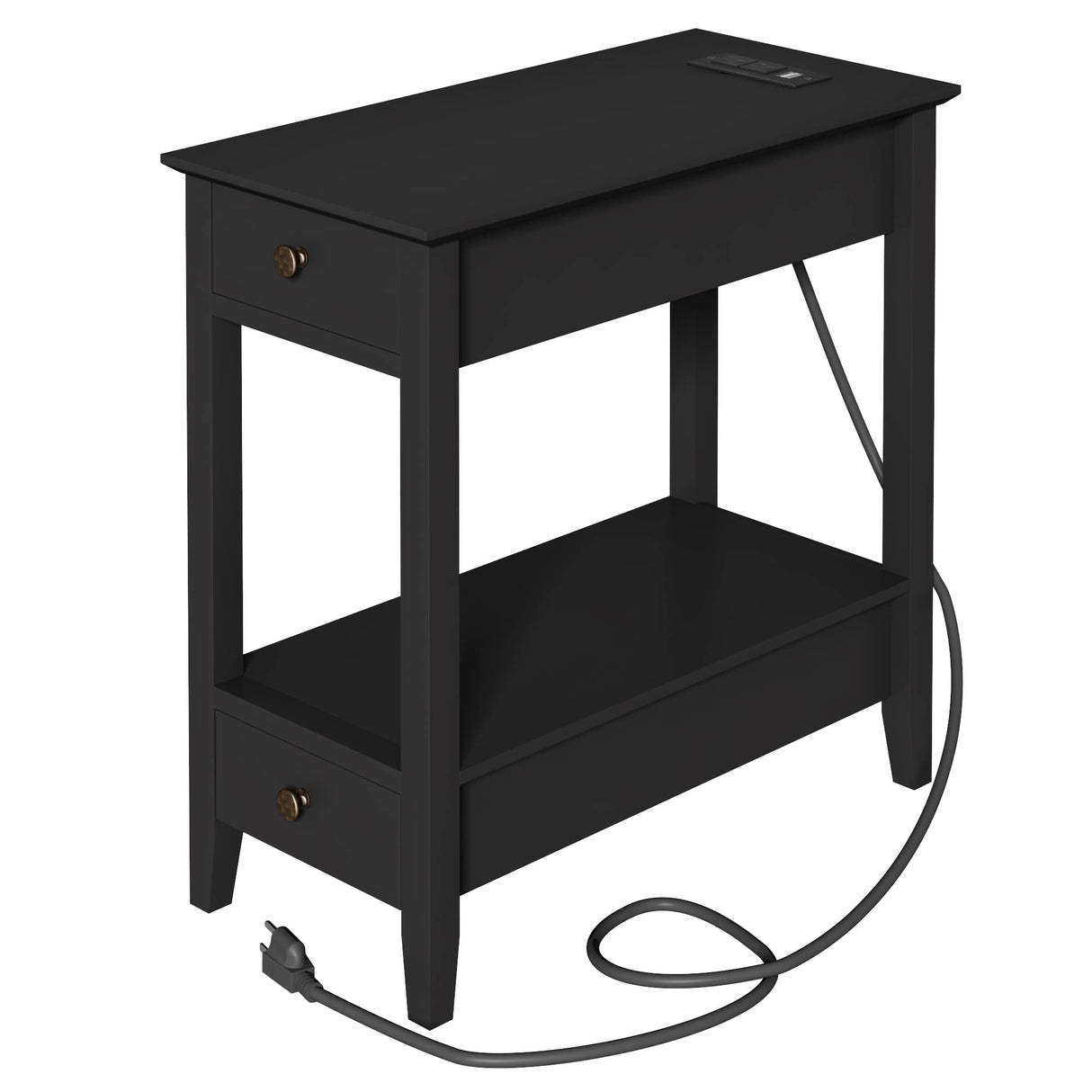 Side Table with Charging Station, Narrow End Table with Storage, 2-Drawer Nightstand