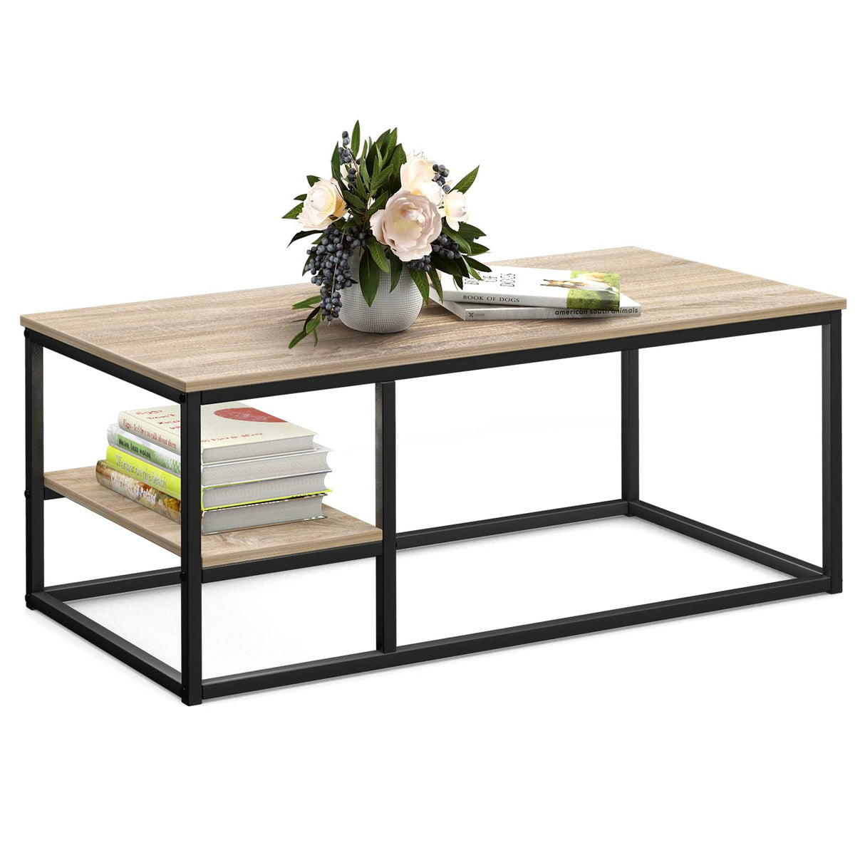 Coffee Table, Living Room Table, Coffee Table with Steel Frame and Shelves