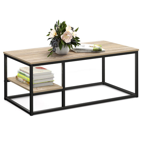 Coffee Table, Living Room Table, Coffee Table with Steel Frame and Shelves