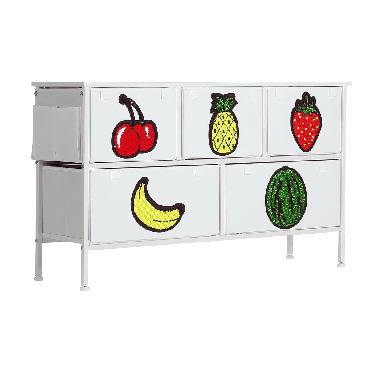 KOLIGEY Dresser for Bedroom, Small White Dresser with 5 Drawers, Baby Kids Dresser with Funny Sequins Fabric Bins, Wood Top for Living Room, Nursery, Entryway, Hallway (5 Drawers)