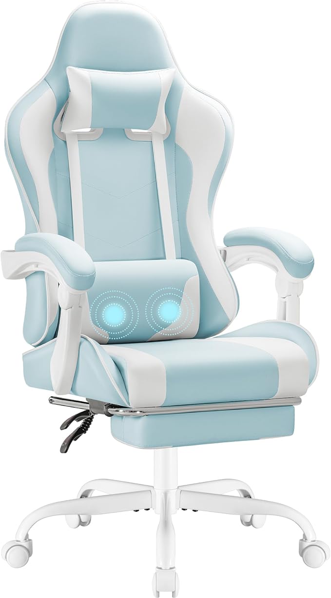 Homall Gaming Chair, Video Game Chair with Footrest and Massage Lumbar Support, Ergonomic Computer Chair Height Adjustable with Swivel Seat and Headrest (White)