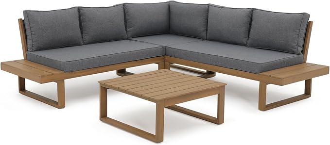 4 Piece Acacia Wood Patio Furniture L-Shaped Outdoor Sectional Sofa Set