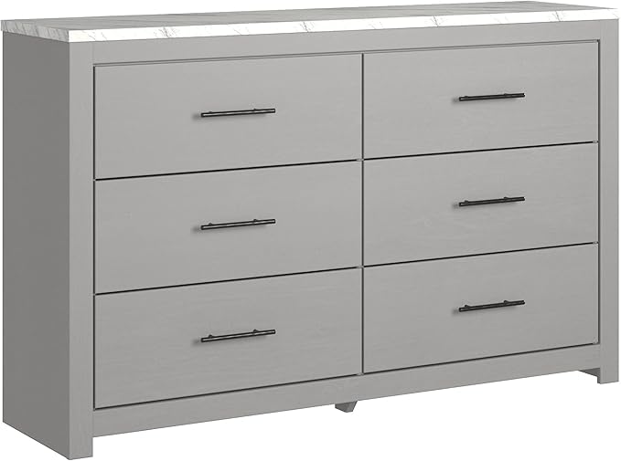 Cottonburg Modern Six Drawer Dresser with Faux Marble Top, Light Gray