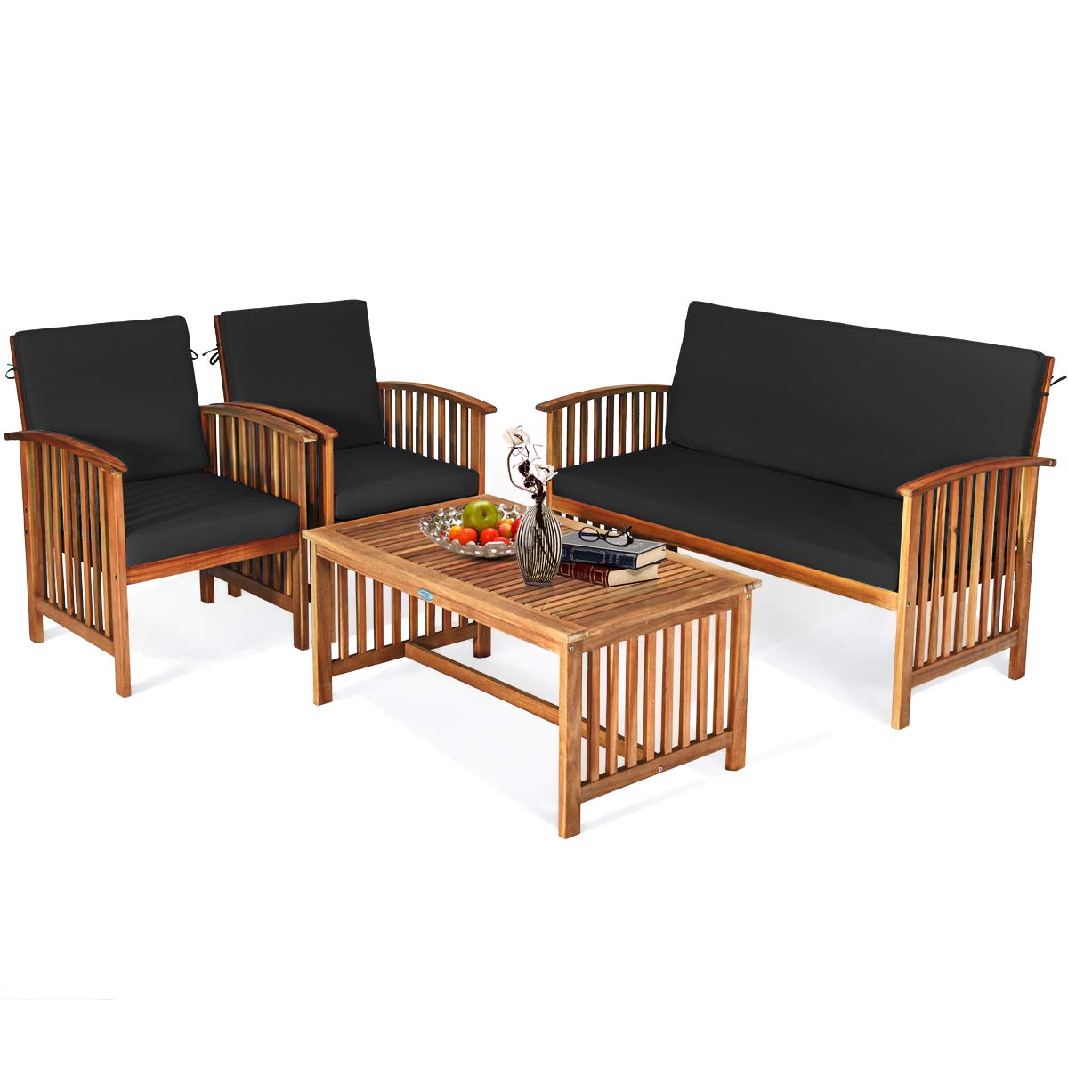 Outdoor 4 PCS Acacia Wood Sofa Set w/Water Resistant Cushions