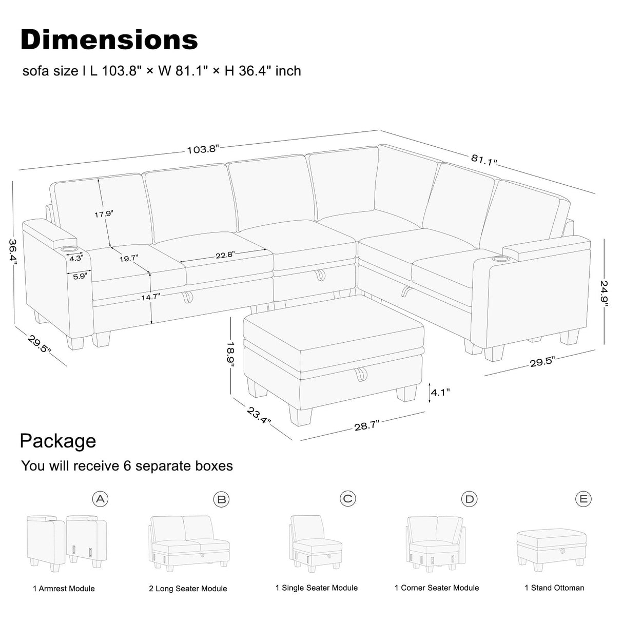 Modular Sectional Sofa with Storage, L Shaped Sectional Couch