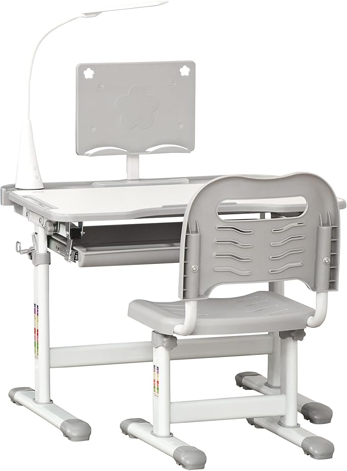 and Chair Set, School Study Desk with USB Light, Storage Drawer for Writing, Activities, Arts, or Crafts, Blue and White