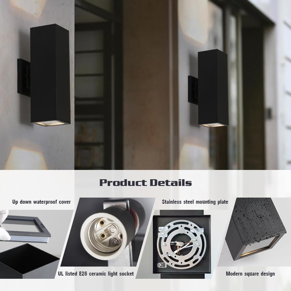 Cerdeco Aluminum Modern Outdoor Wall Light, Exterior Up Down Light Fixtures Matte Black [UL Listed] (2 Pack)
