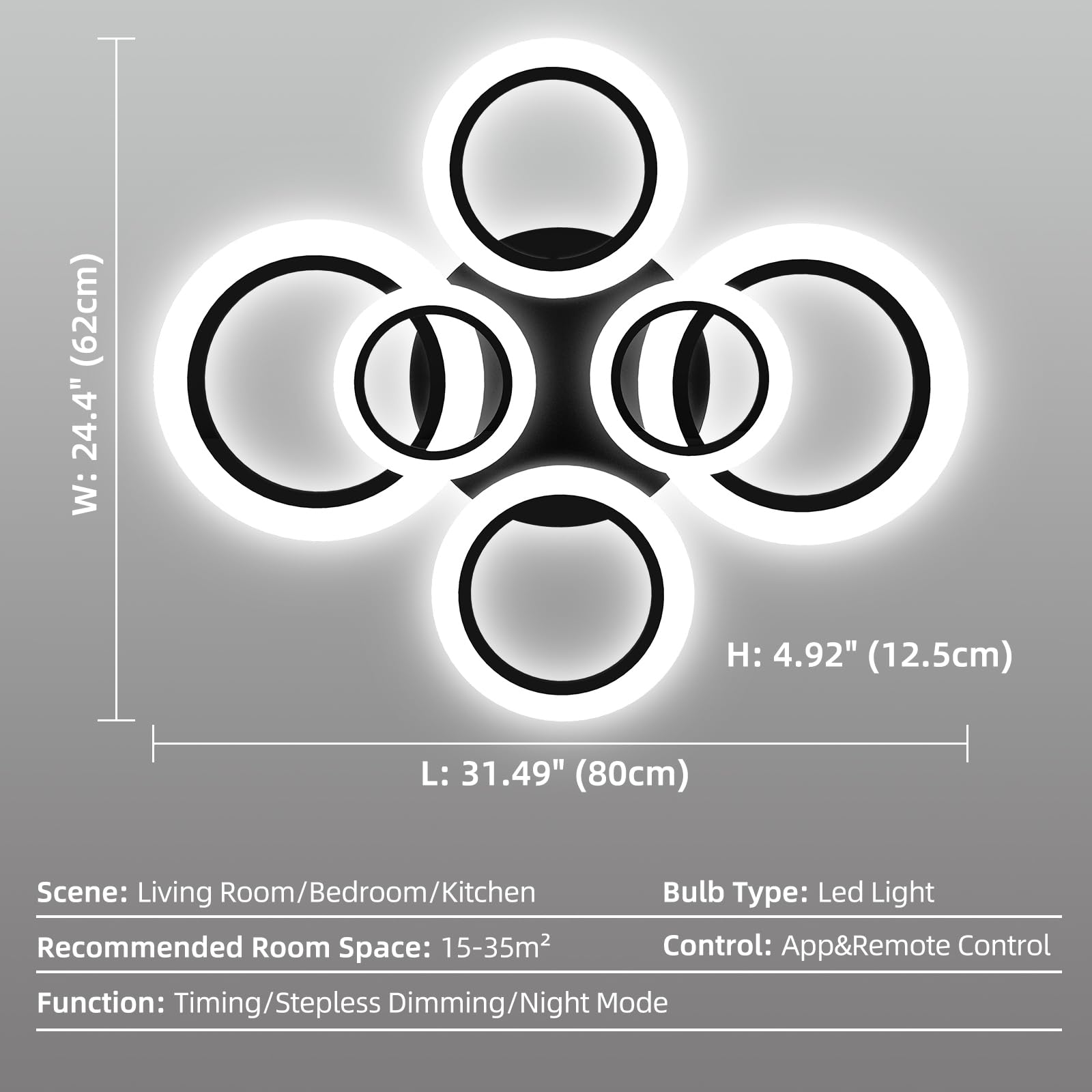 32" Modern LED Ceiling Light - Dimmable 6-Ring Semi Flush Mount