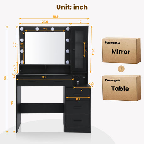 with Mirror and Lights - Black Vanity Table with Power Strip, 4 Drawers and Display Cabinet, 3 Lighting Modes, 39.5'' Bedroom Makeup Desk with Nightstand and Tabletop Shelf