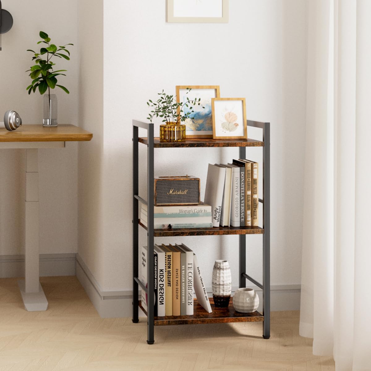 3 Tier Bookshelf, Small Bookcase with 3 Open Shelves, Short Metal and Wood Book Shelf