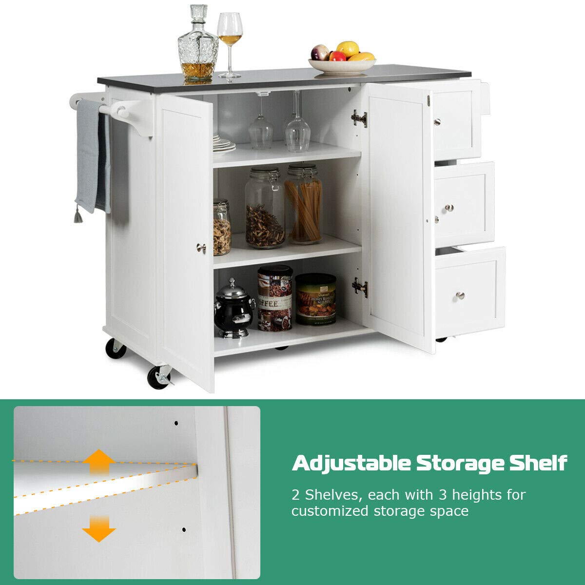 Kitchen Island with Stainless Steel Countertop, Kitchen Cart Rolling Trolley with Towel