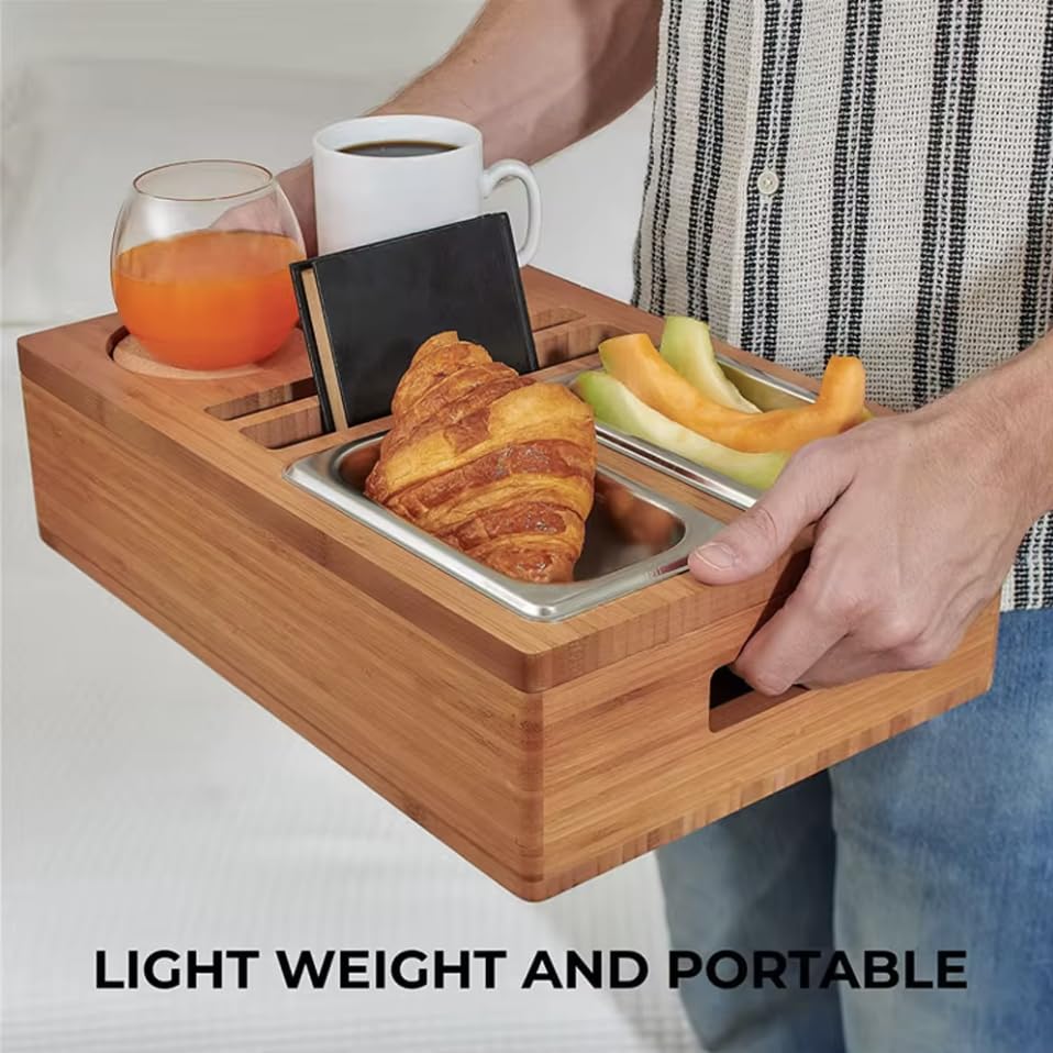 Bamboo Snack Tray Cup Holder - Food Caddy for Eating on Couch, Bed, Sofa