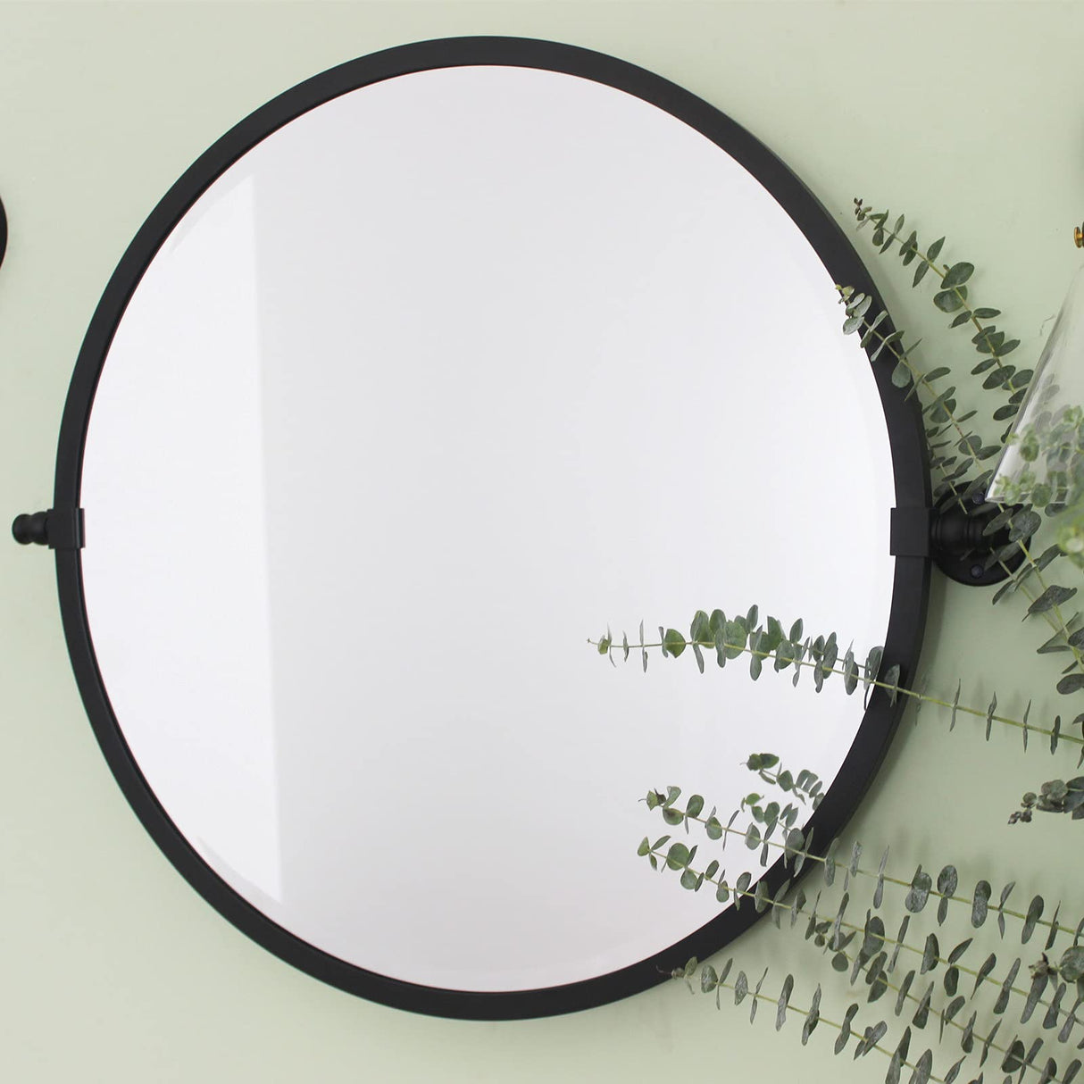 26'' Circle Pivot Bathroom Mirror in Matt Black Metal Frame Round Tilting Beveled Vanity Mirrors