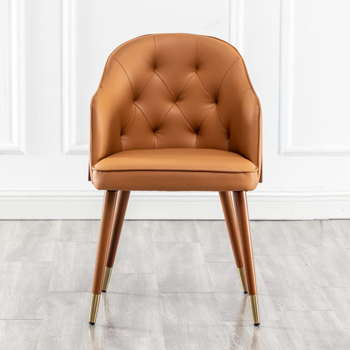 Faux Leather Upholstered Chair Mid Century Modern Dining Chairs Orange with Walnut