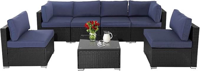 7-Piece Outdoor Patio Sofa, All Weather Black Brown Wicker Sectional Furniture