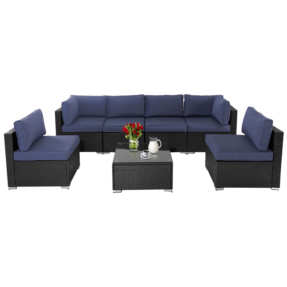 7-Piece Outdoor Patio Sofa, All Weather Black Brown Wicker Sectional Furniture