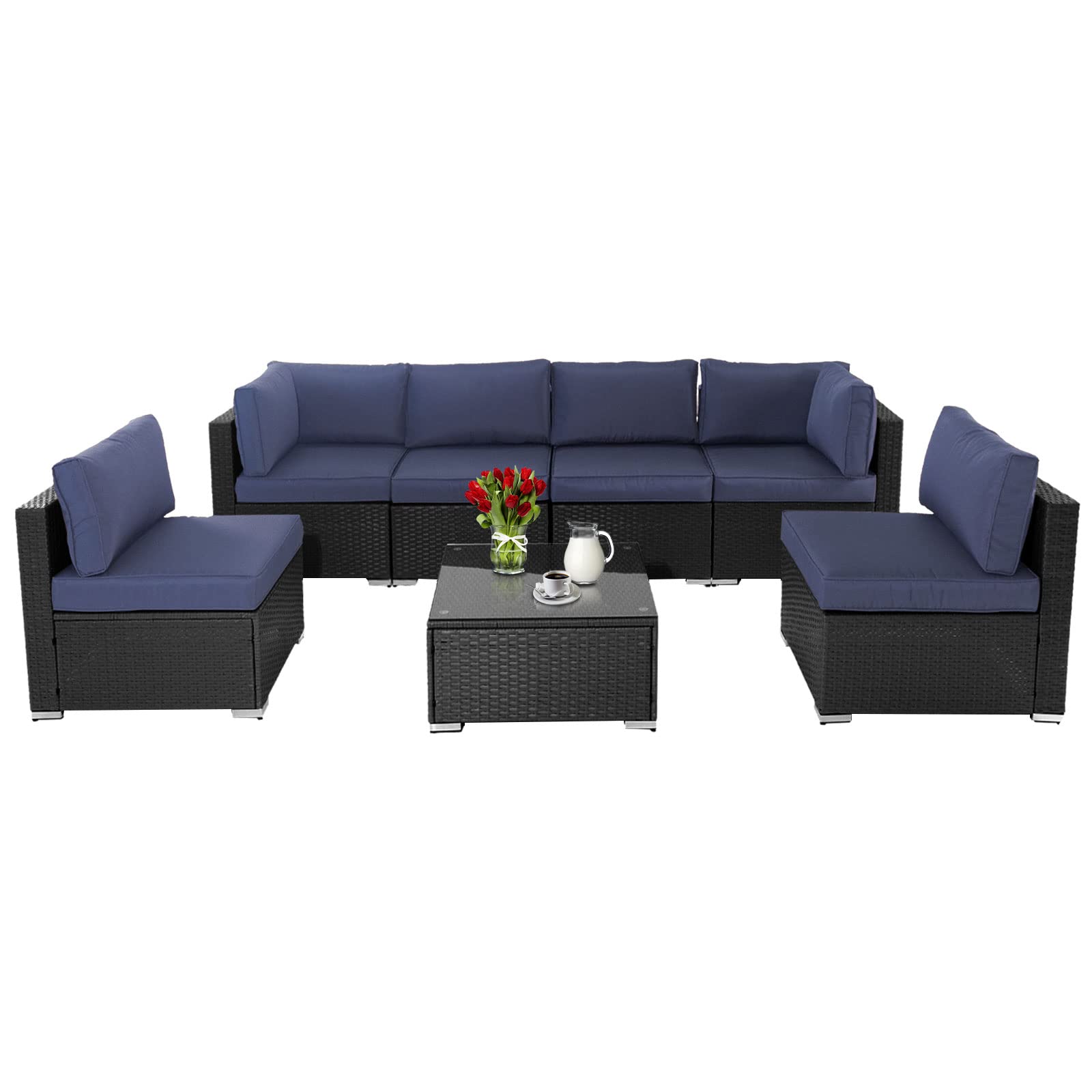 7-Piece Outdoor Patio Sofa, All Weather Black Brown Wicker Sectional Furniture