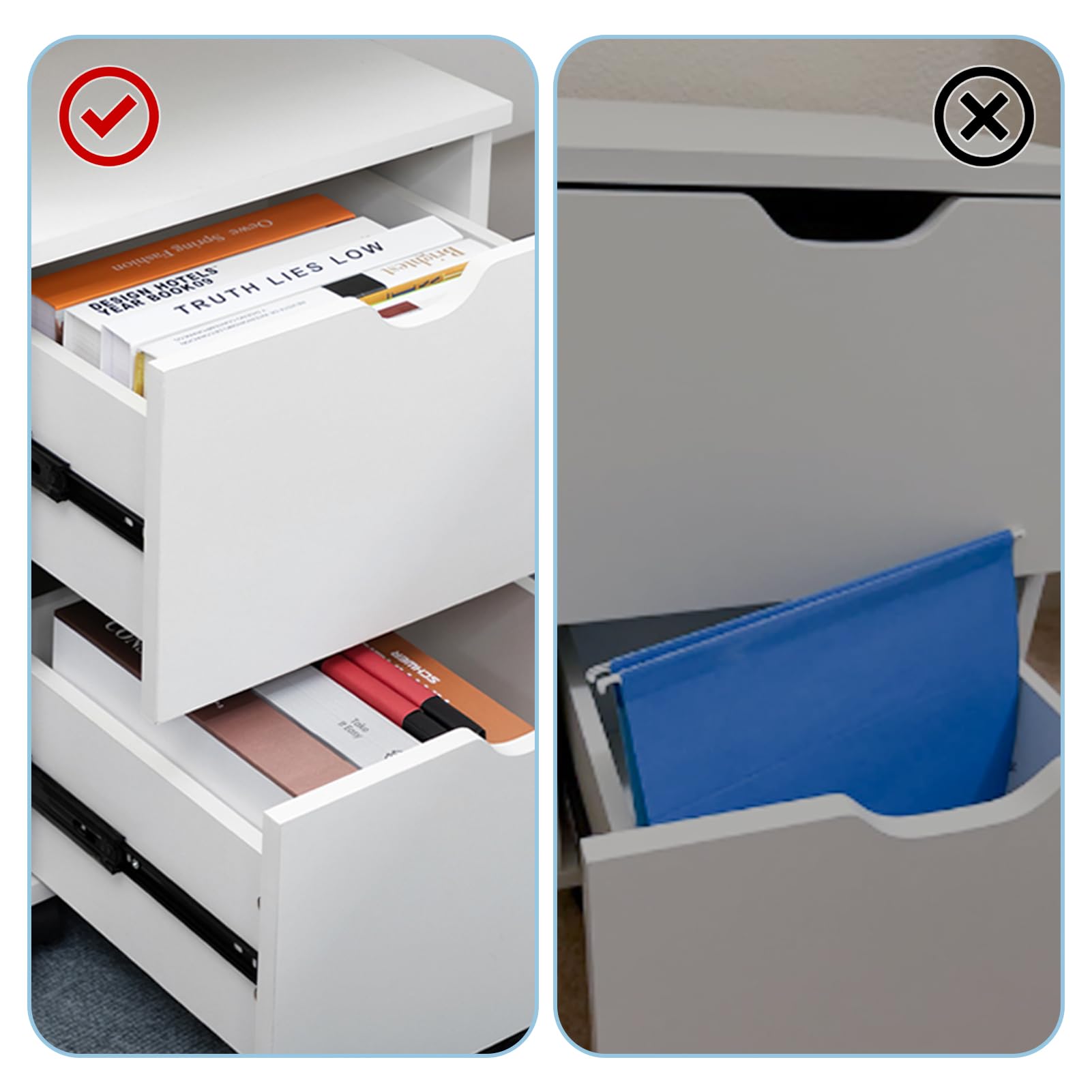 Deep 2-Drawer Mobile Wood File Cabinet, Under Desk Rolling File Cabinets
