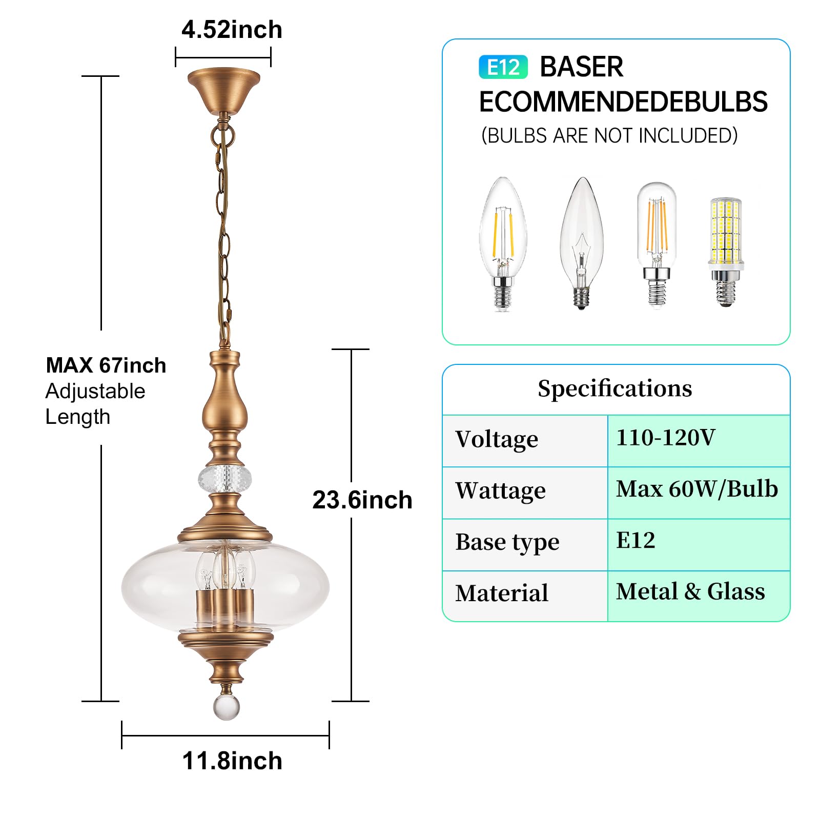 Vintage Pendant Light Kitchen Island Dining Room Pendant Light Brass 3-Light Vintage