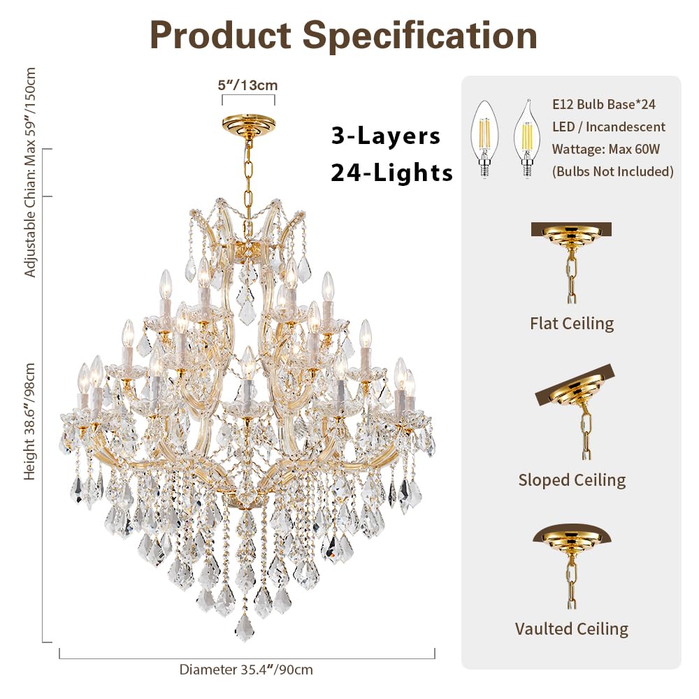 Large Gold Chandelier Light Fixtures - 24 Lights, 3 Layers Modern Crystal Chandeliers