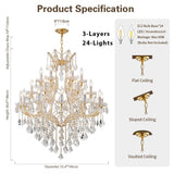 Large Gold Chandelier Light Fixtures - 24 Lights, 3 Layers Modern Crystal Chandeliers