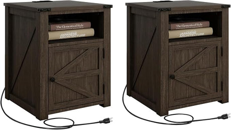 End Table with Charging Station, 18'' Rustic Wood Nightstand with Barn Door