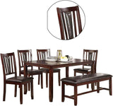 6 Piece Wooden Dining Set with Leatherette Padded Chair and Bench, Brown