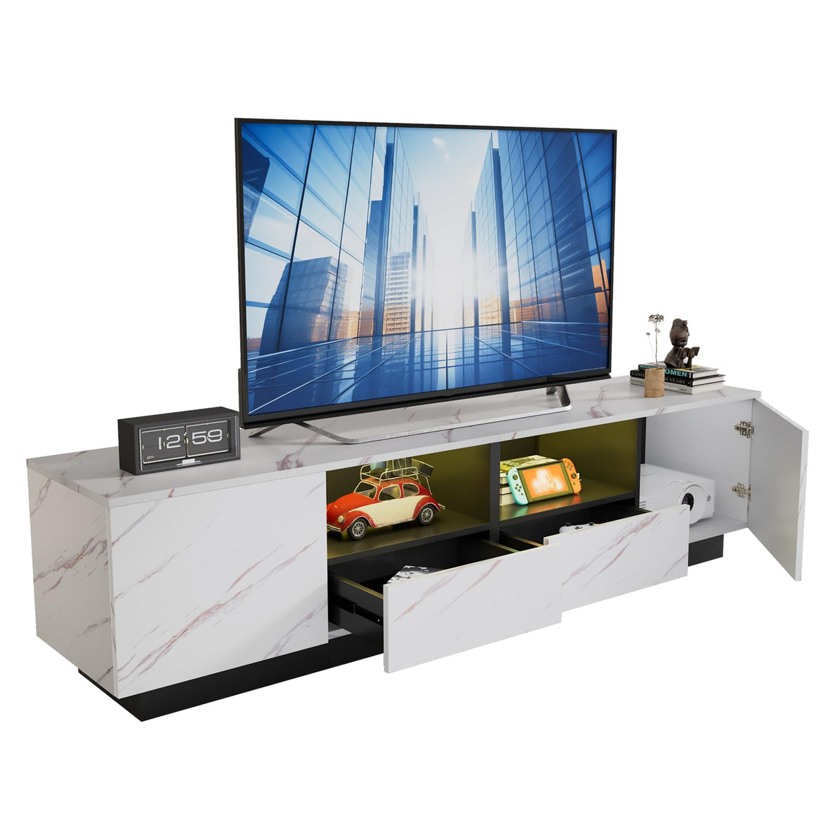 71" TV Stand for 55/65/70/75 inch TV, White Marble High Gloss Modern LED Entertainmen