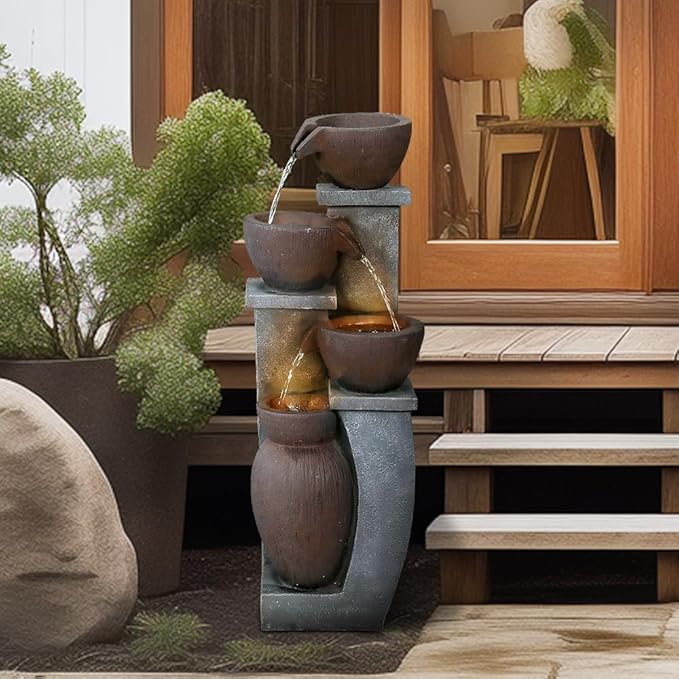 39.3 Inch 5 Tier Outdoor Garden Water Fountain Bears Climbing Tree Resin Fountain