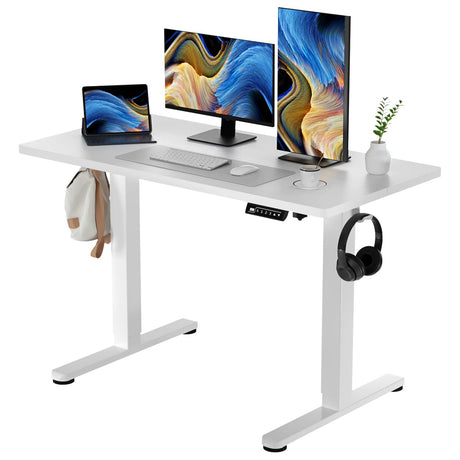 White Standing Desk, 48 X 24 Inch Adjustable Height Electric Desk, Sit Stand Desk with Splice Board and 2 Hooks