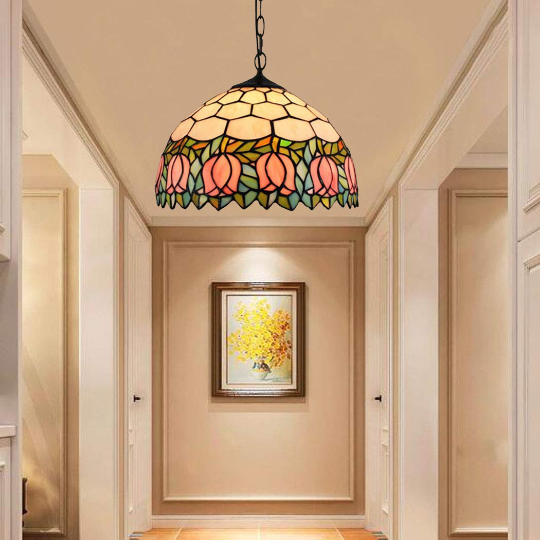 12 Inch Tiffany Style Pendant Lamp Vintage Pastoral Stained Glass Flowers Shade Ceiling