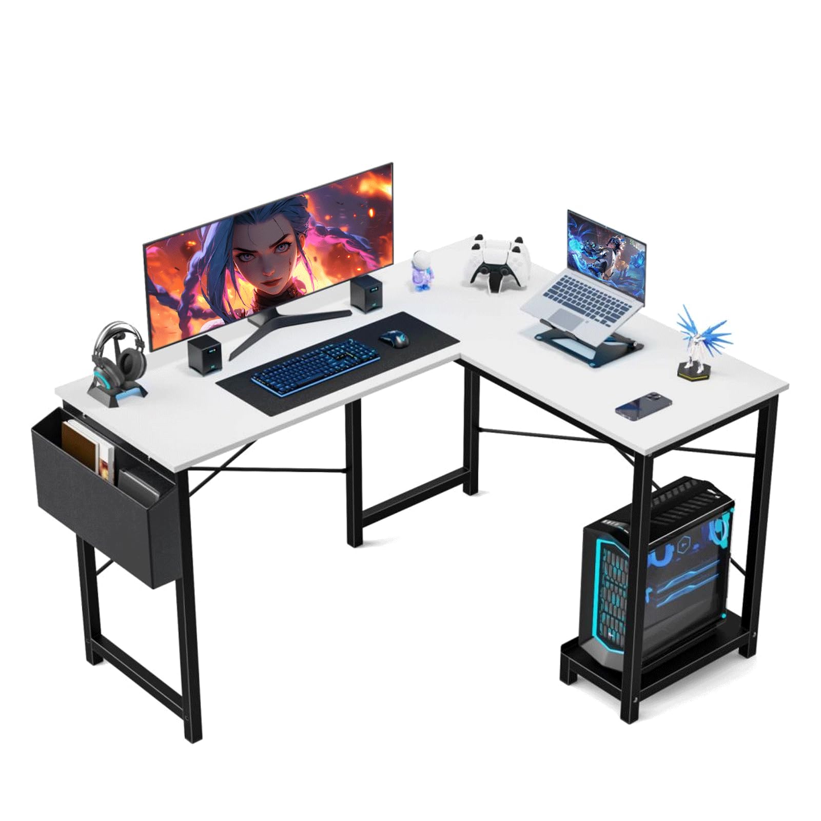 PC Desk for Gaming and Work - 50 Inch Writing Space-Saving Corner Table with CPU Storage Shelf, Side Bag, Home, Office, White