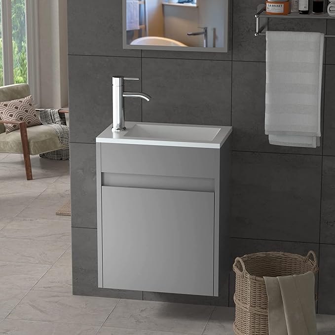16" Small Bathroom Vanity Wall Mounted,White Small Bathroom Vanity with Ceramic Sink
