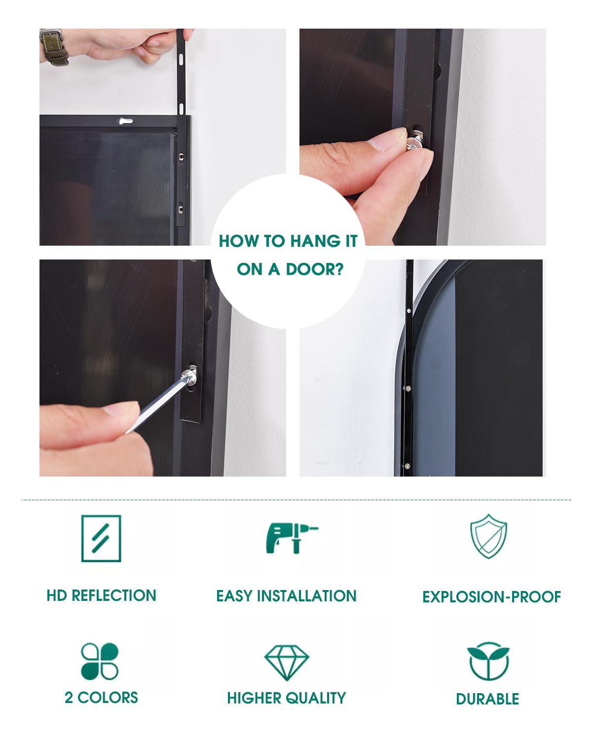 Full Length Arched Door Mirror - 16x50 Black Frame Wall Mount