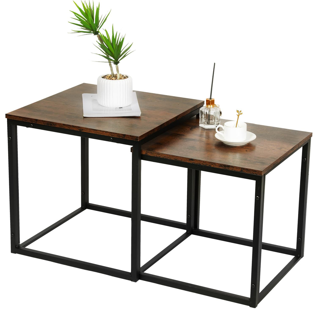Nesting Coffee Table, 2 Sets Square Coffee Table with Wooden Tabletop and Sturdy