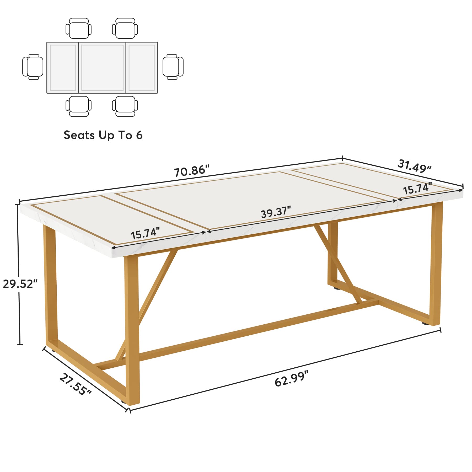 70.9 Inch Dining Table for 6 to 8, Modern Kitchen Table Dining Room Table, Rectangle
