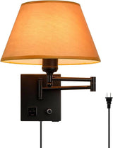 Swing Arm Wall Sconces, Plug-in Wall lamp,Bedroom Wall lamp ， White Fabric Shade