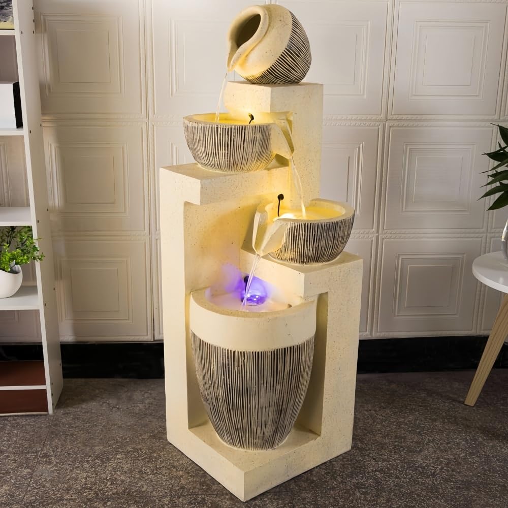 Water Fountain, 4-Tiers Modern Waterfall with LED Light, Backyard Water Fountain