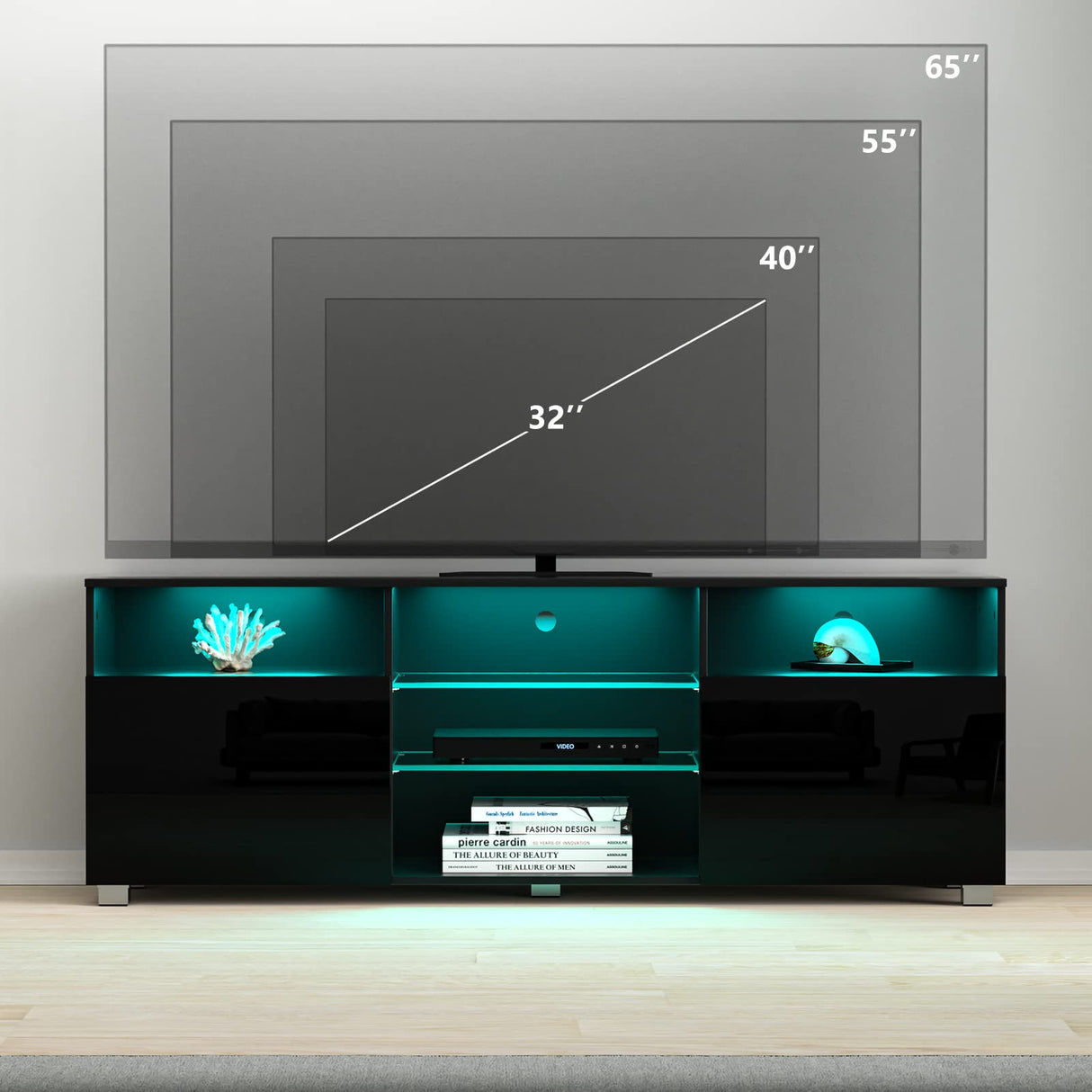 LED TV Stand for 65 inch TVs, Modern TV Stand with LED Lights and High Glossy Cabinets